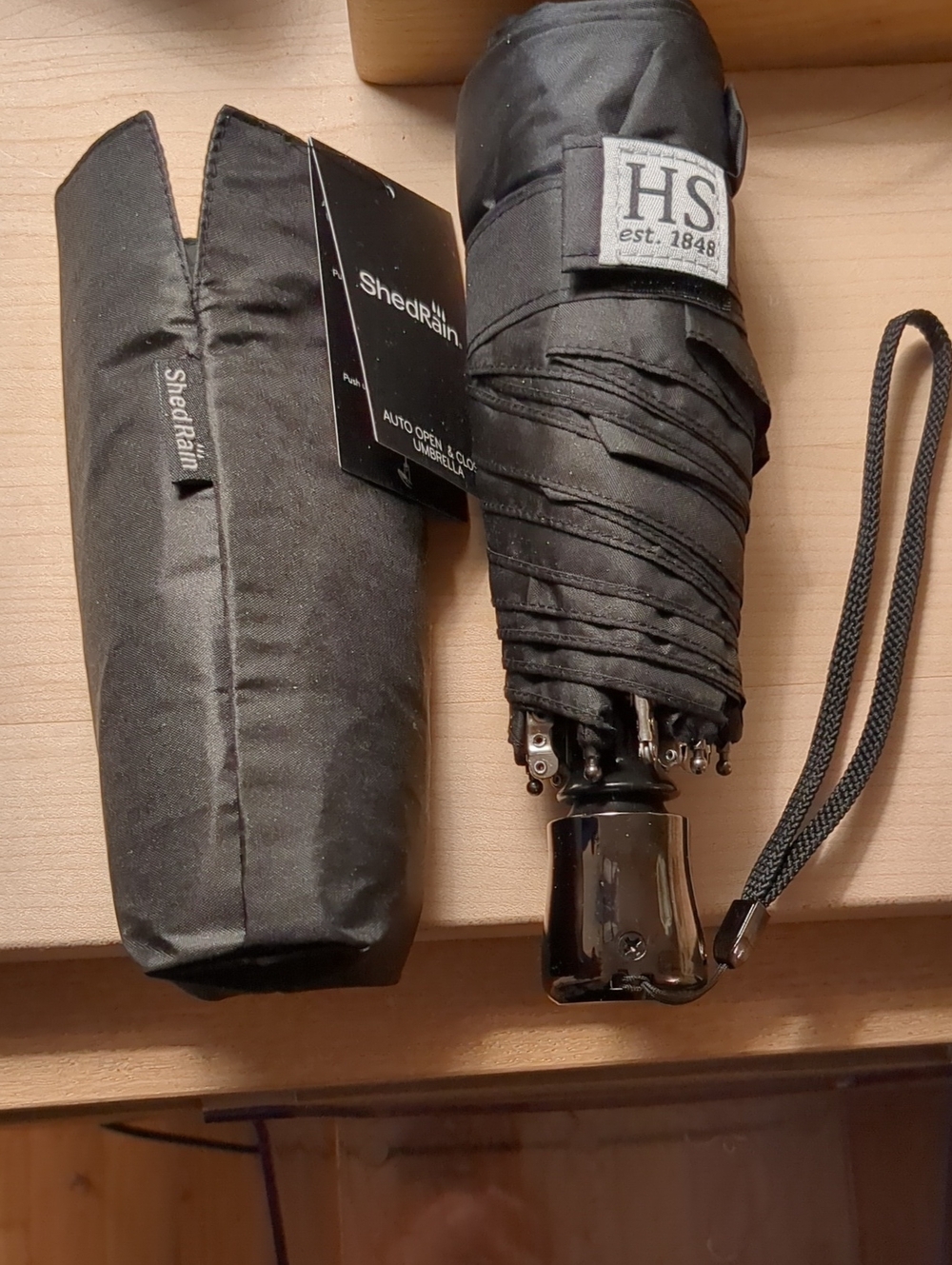 Shedrain HS Black Compact Travel Umbrella Auto Open Close 8" Long